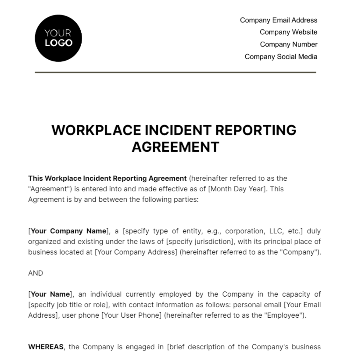 Free Workplace Incident Reporting Agreement Template
