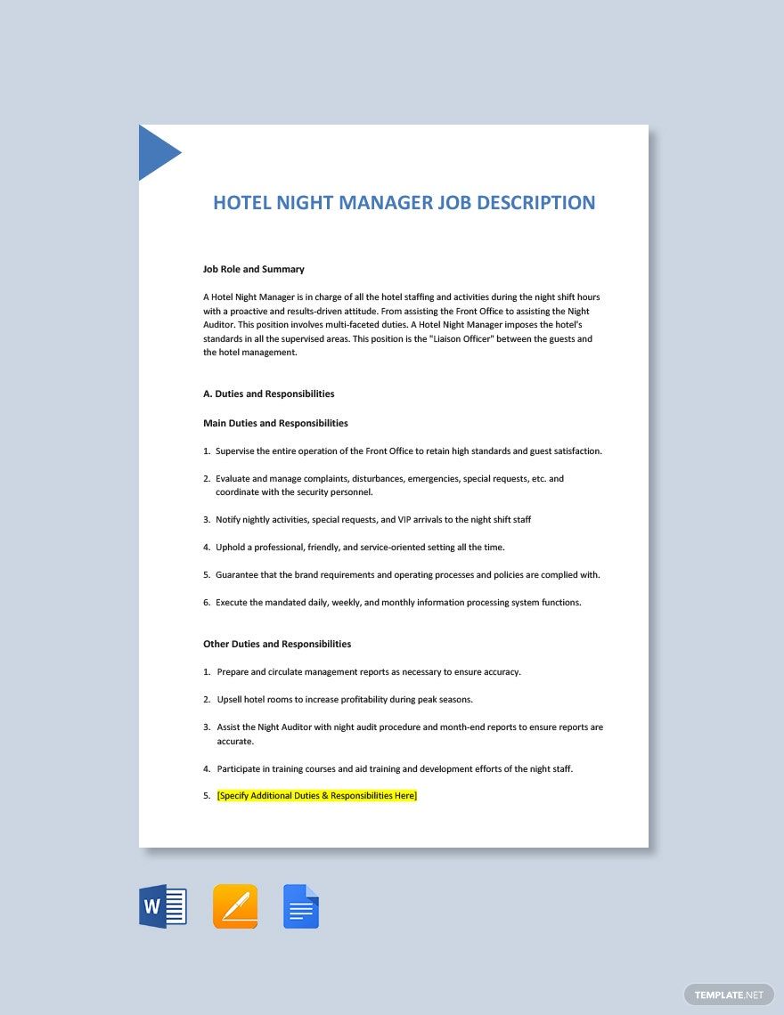 Hotel Night Manager Job Ad/Description Template