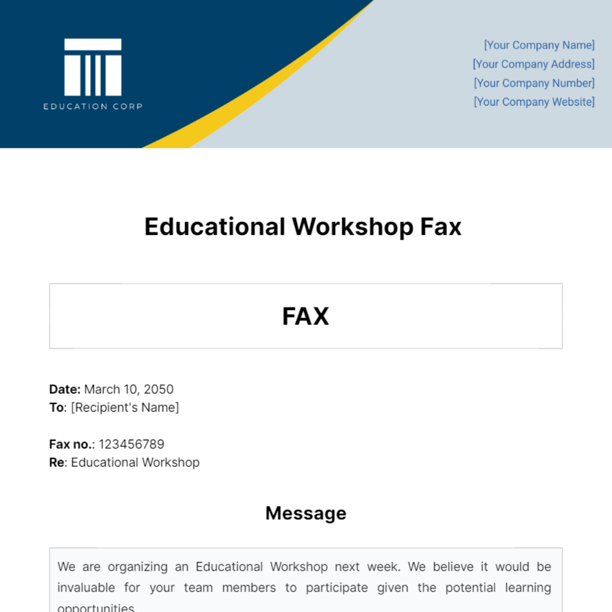 Free Educational Workshop Fax Template