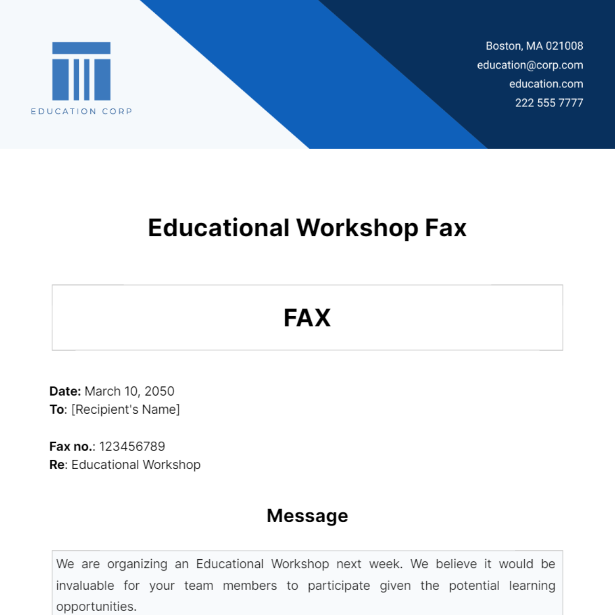 Educational Workshop Fax Template
