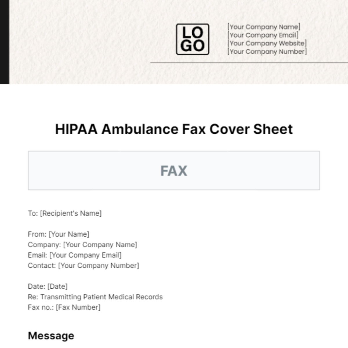 HIPAA Ambulance Fax Cover Sheet Template