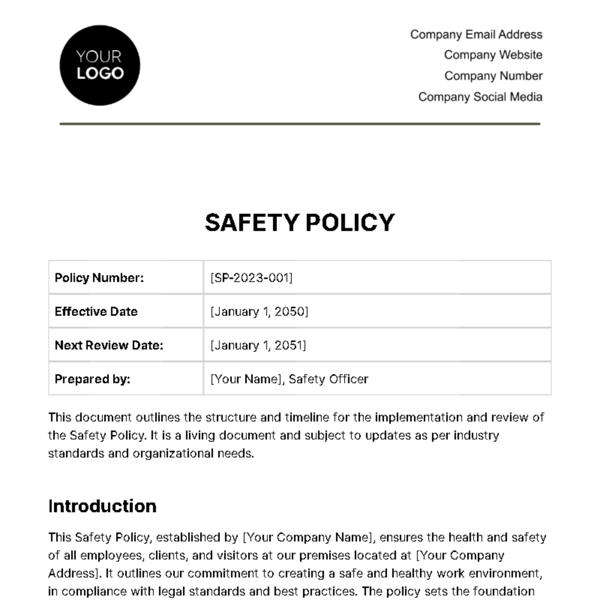 Free Safety Policy Template
