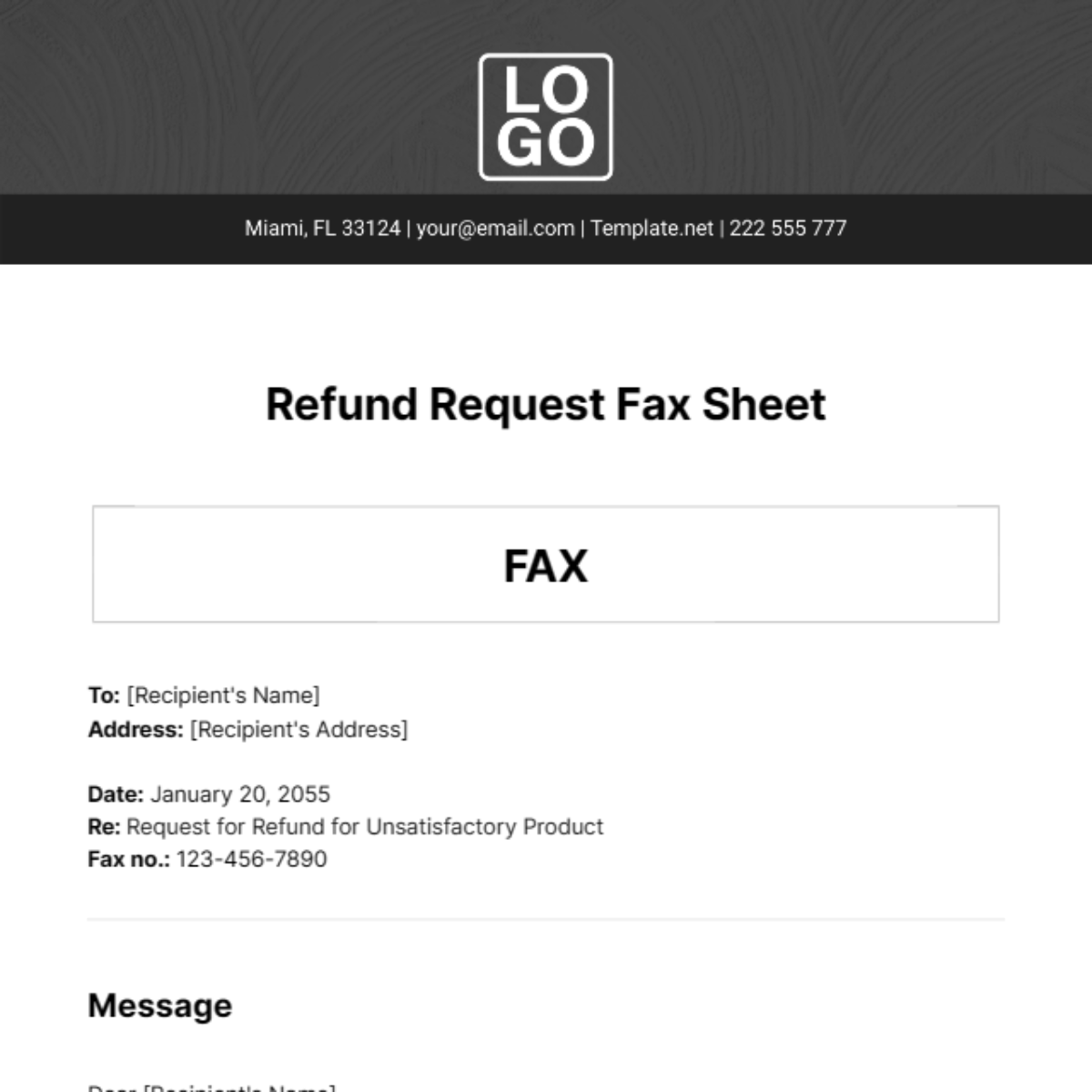 Free Refund Request Fax Sheet Template