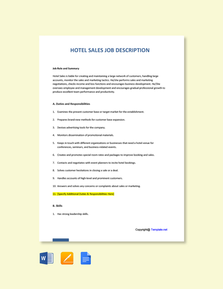 Hotel sales job description sample