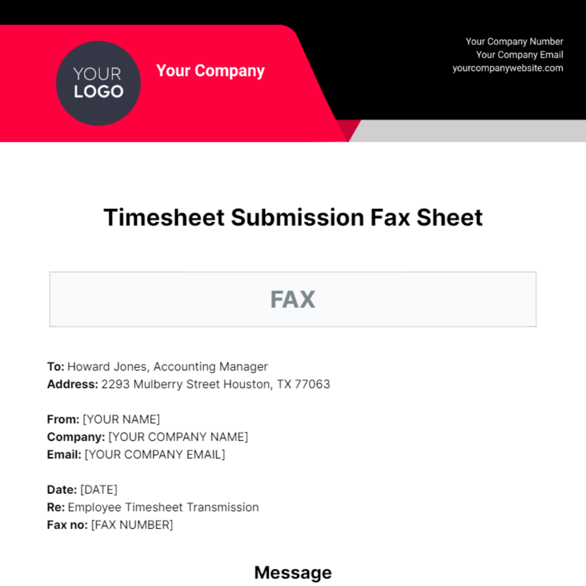 Timesheet Submission Fax Sheet Template