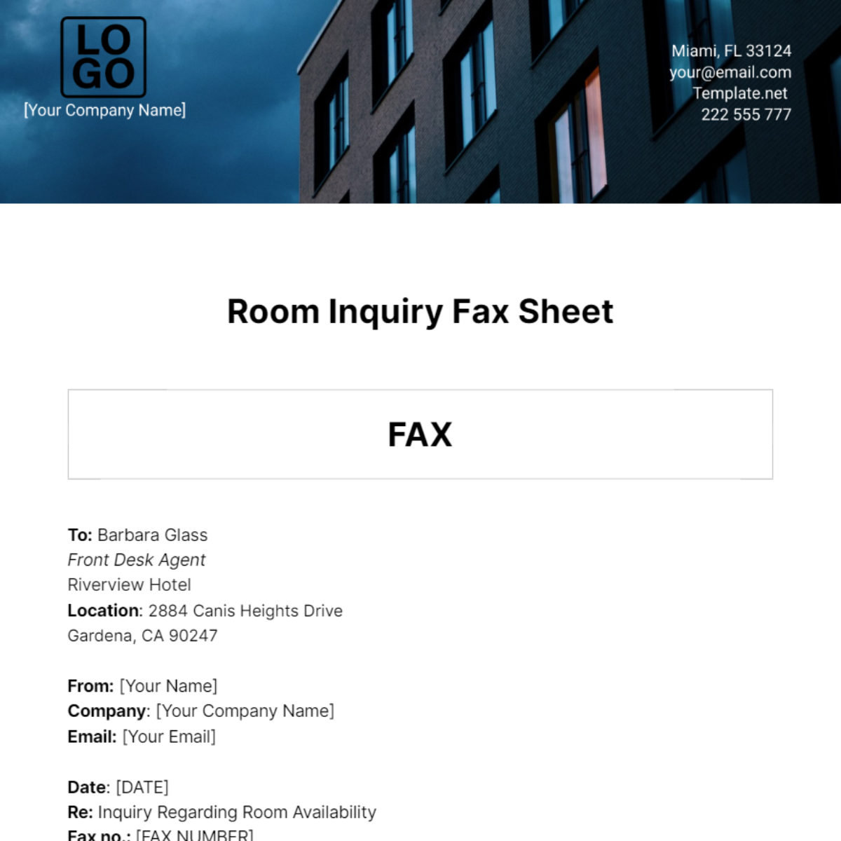 Room Inquiry Fax Sheet Template - Edit Online & Download