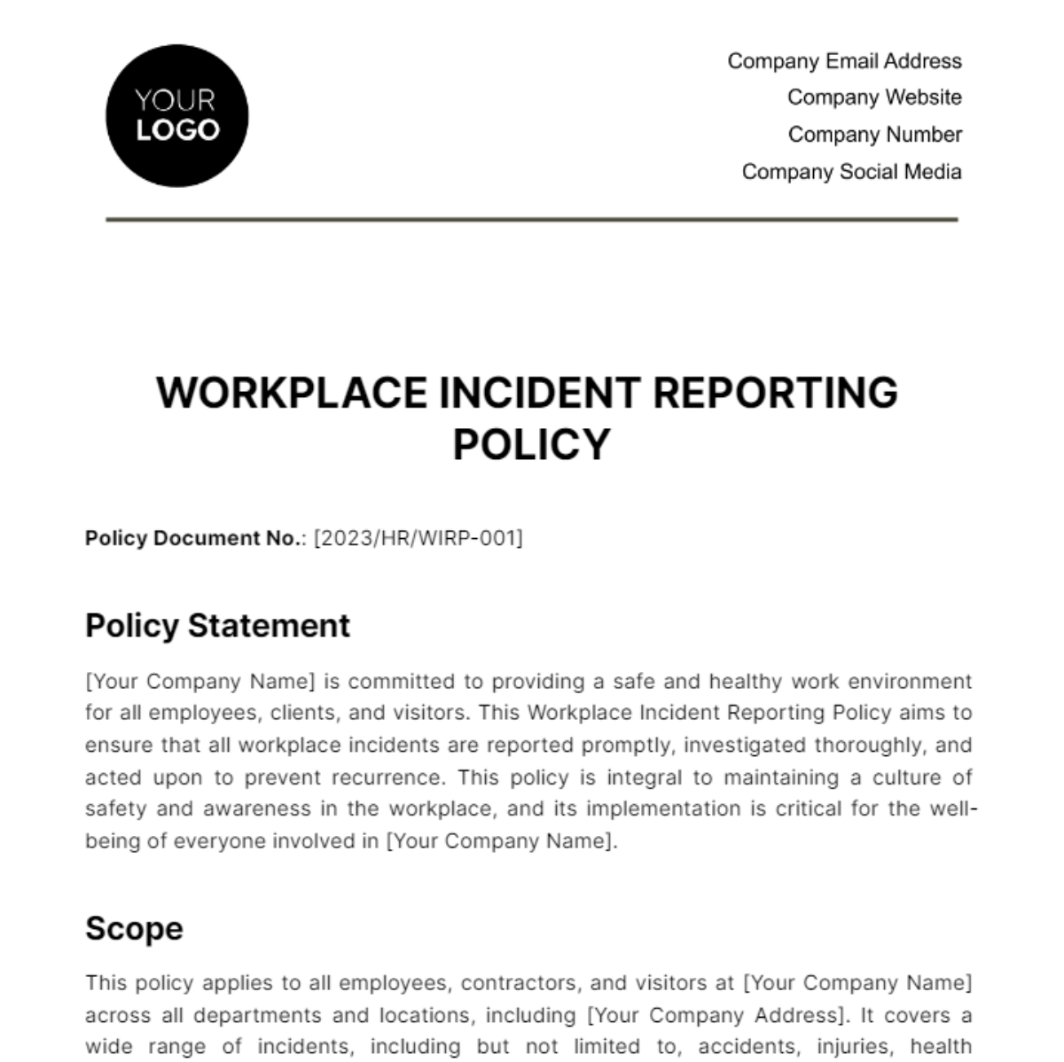 Workplace Incident Reporting Policy Template