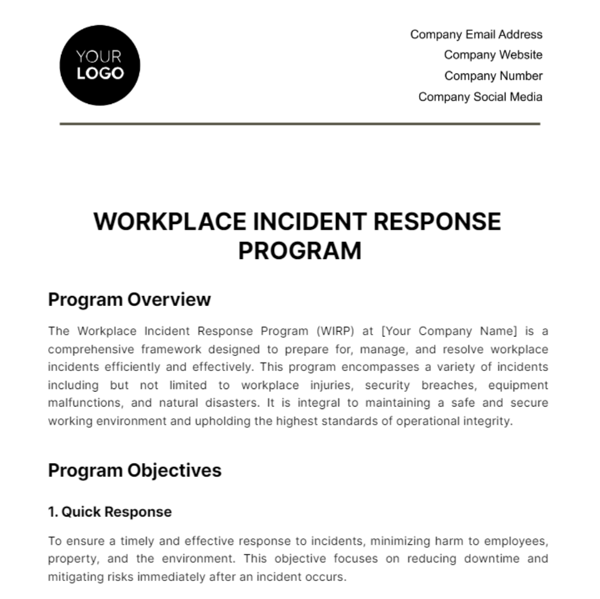 Free Workplace Incident Response Program Template