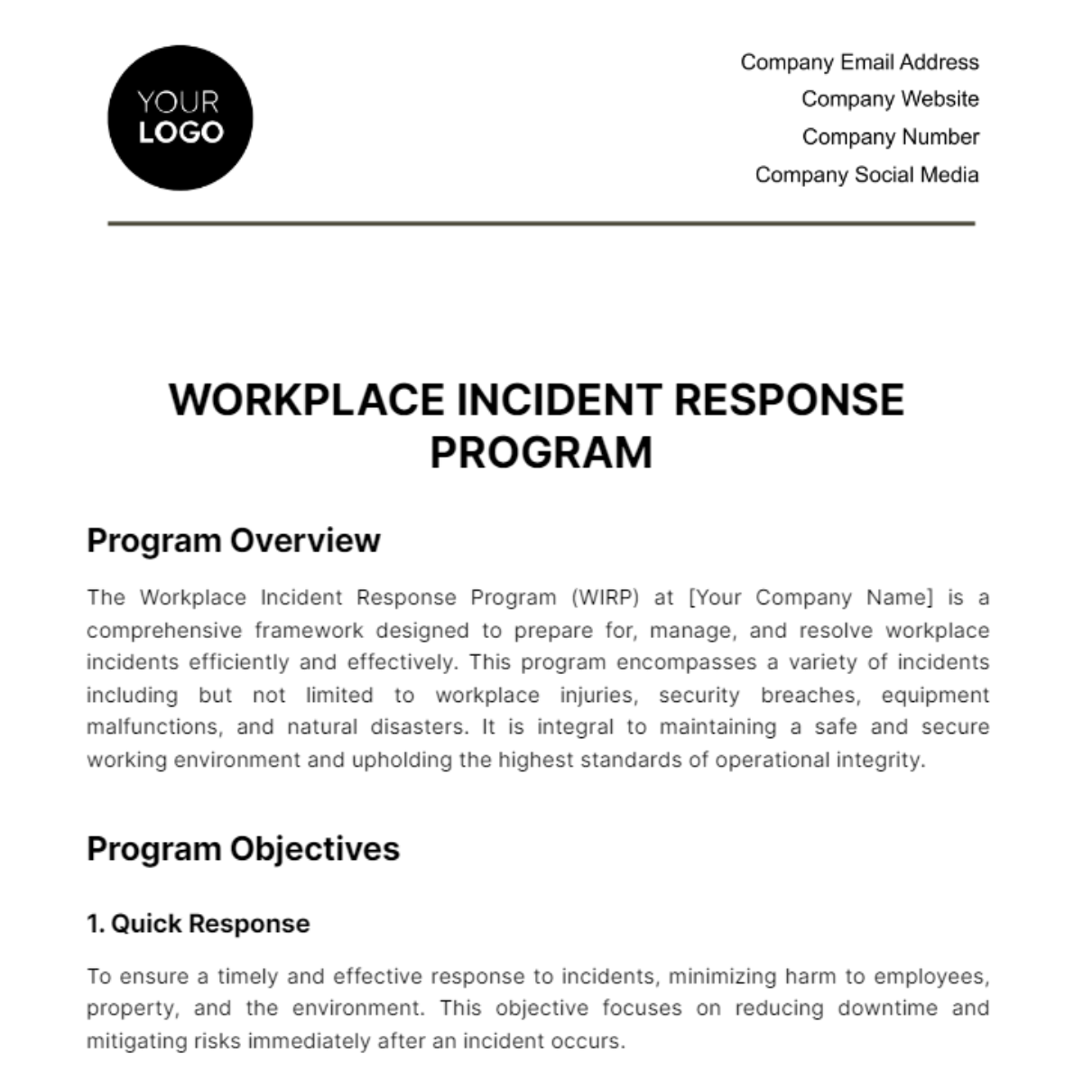 Workplace Incident Response Program Template