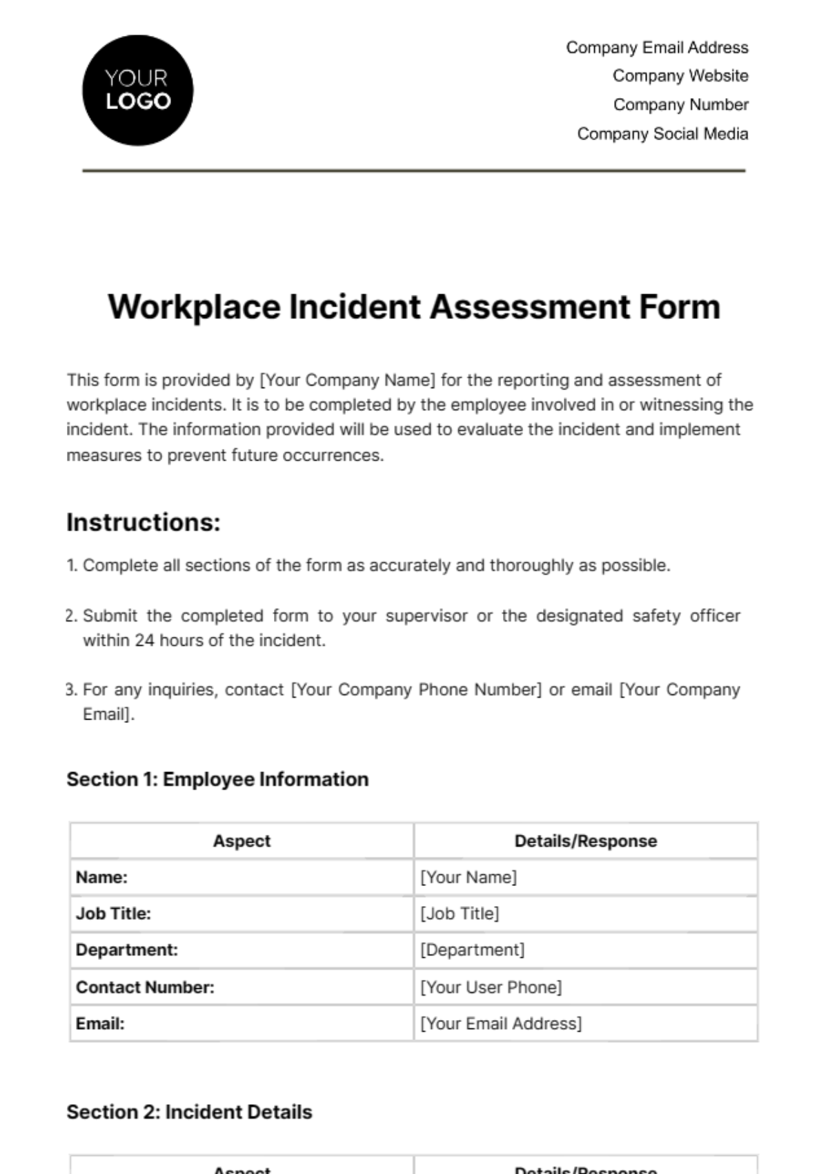 Free Workplace Incident Assessment Form Template