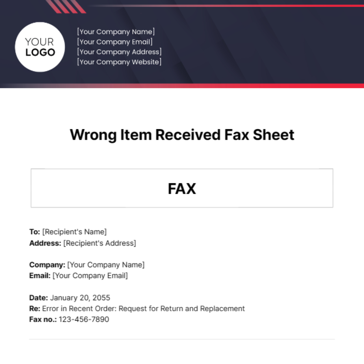 Free Wrong Item Received Fax Sheet Template