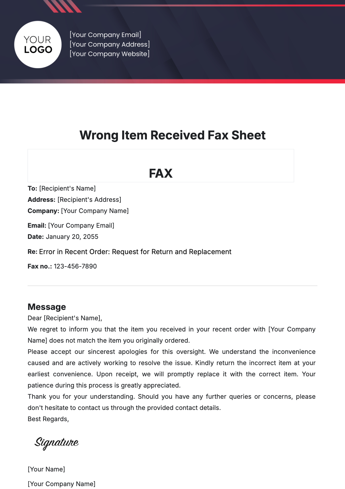 Wrong Item Received Fax Sheet Template - Edit Online & Download