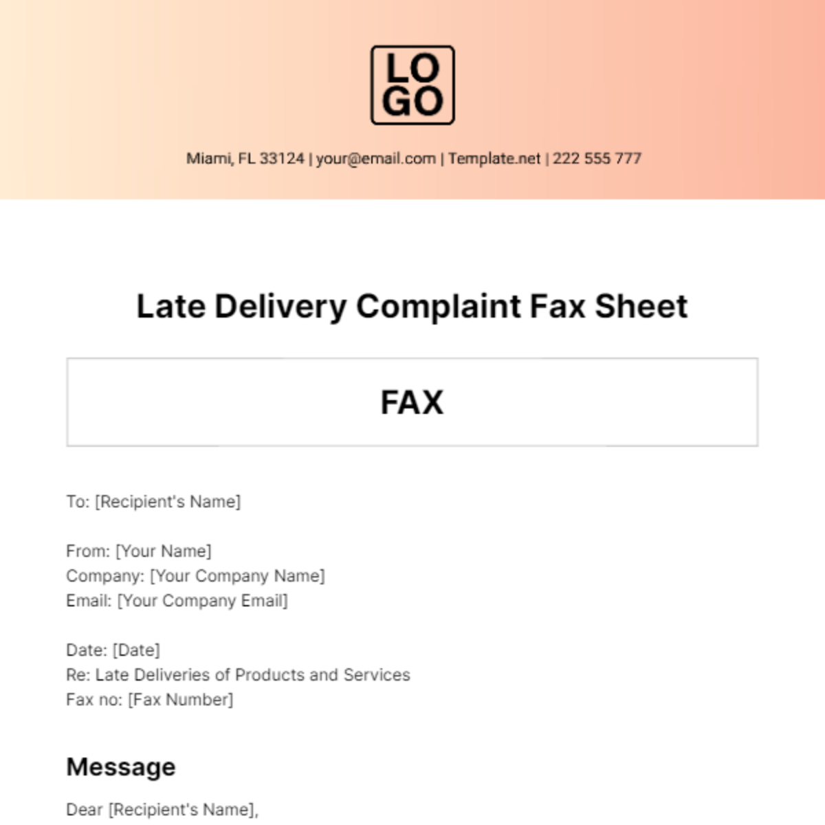 Late Delivery Complaint Fax Sheet Template - Edit Online & Download