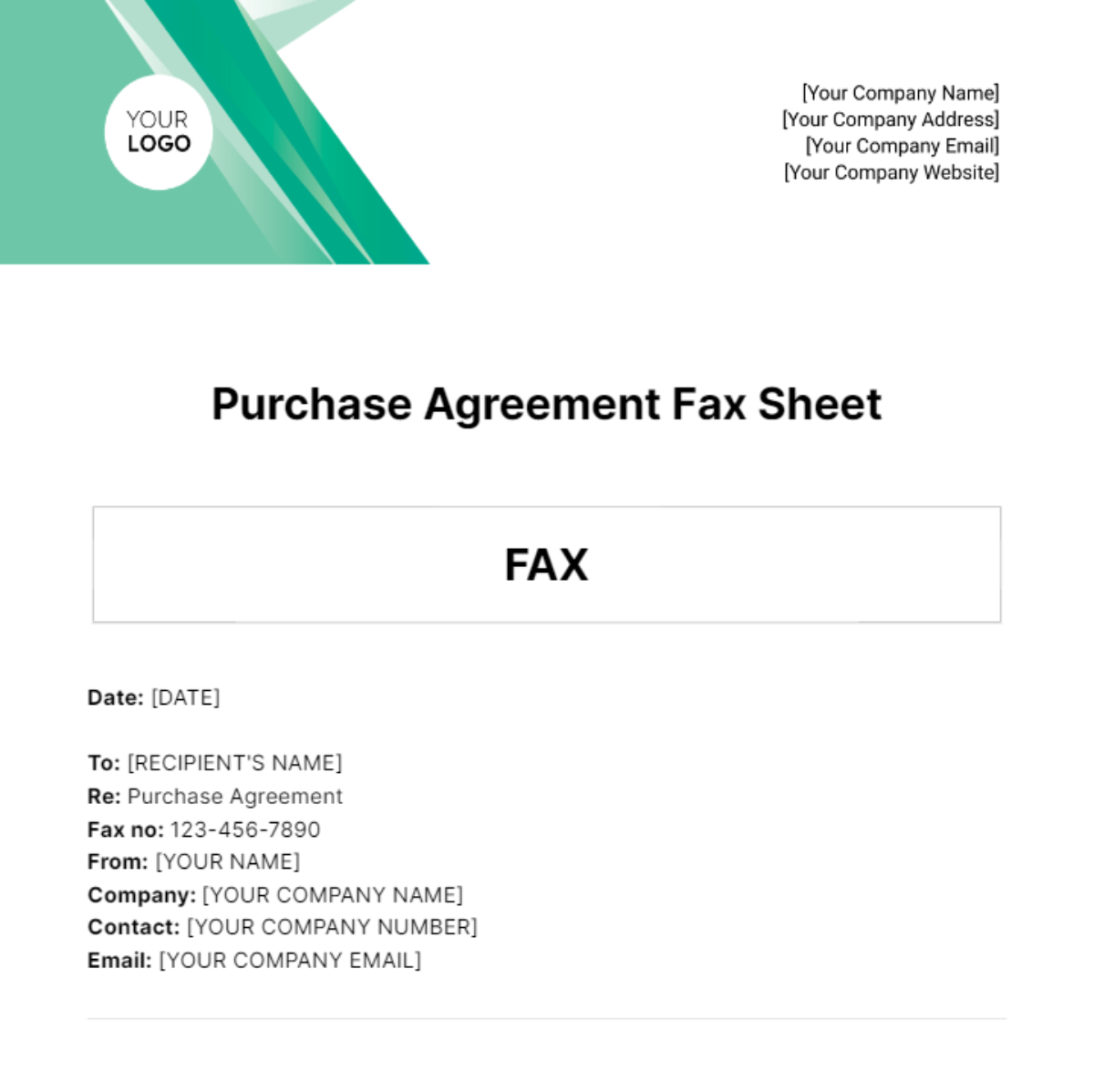 Purchase Agreement Fax Sheet Template