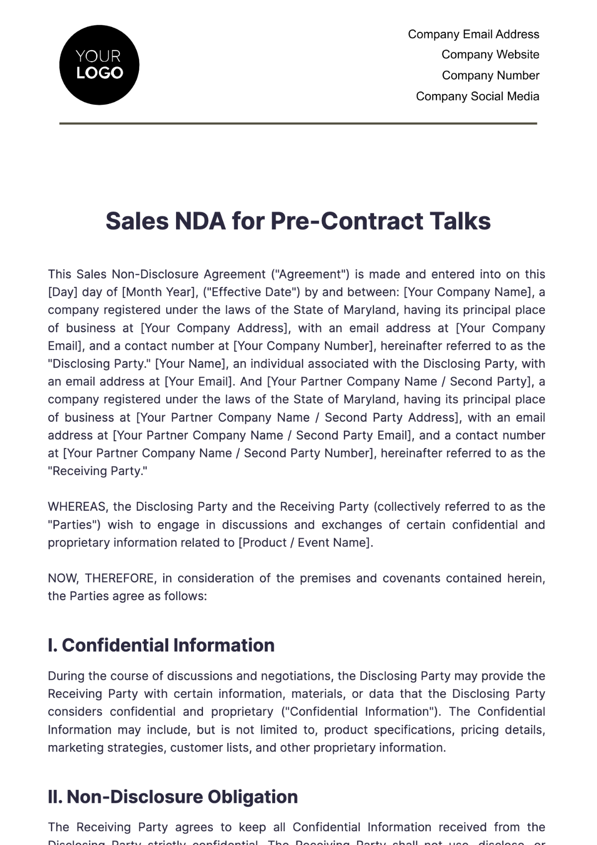 Sales NDA for Pre-Contract Talks Template - Edit Online & Download