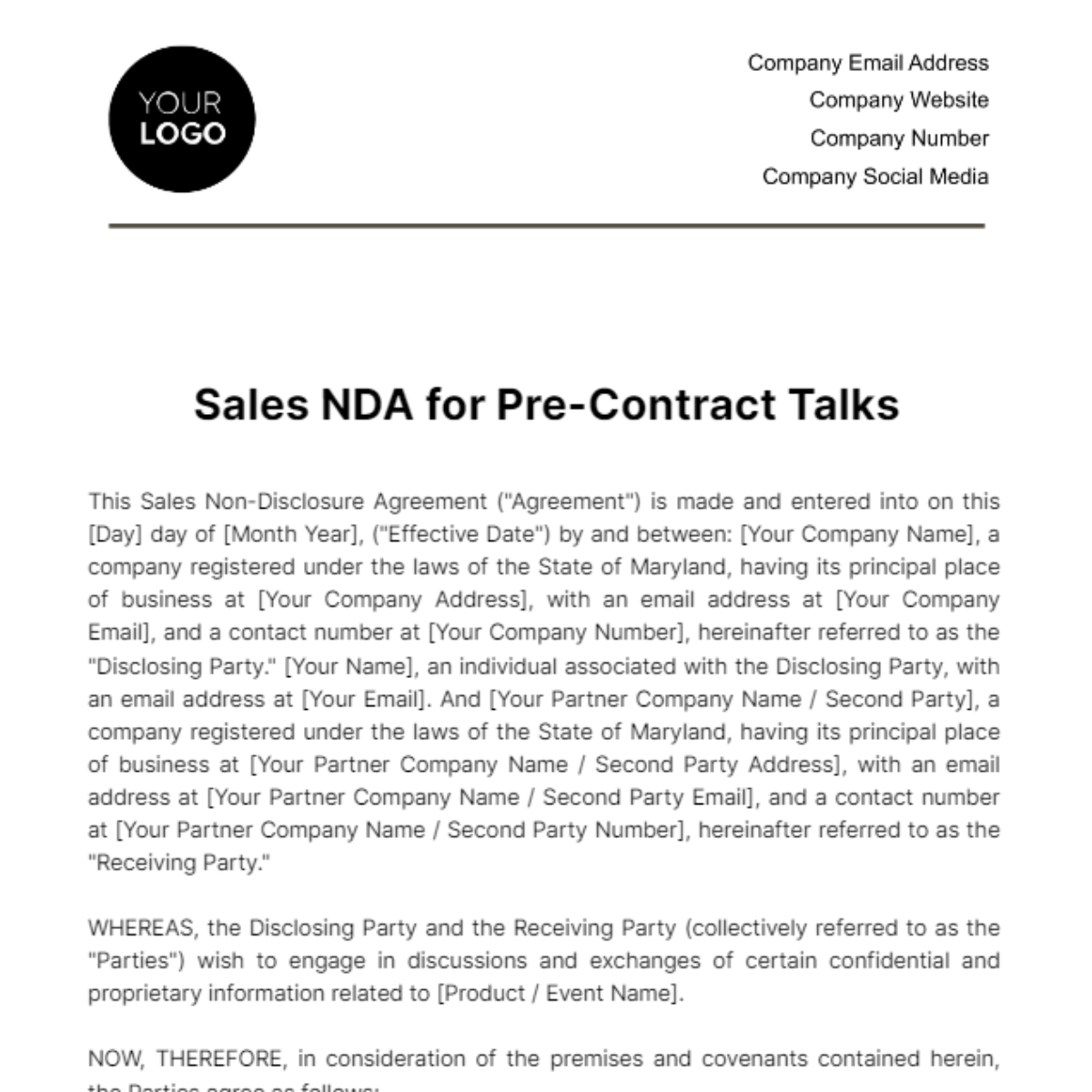 Sales NDA for Pre-Contract Talks Template