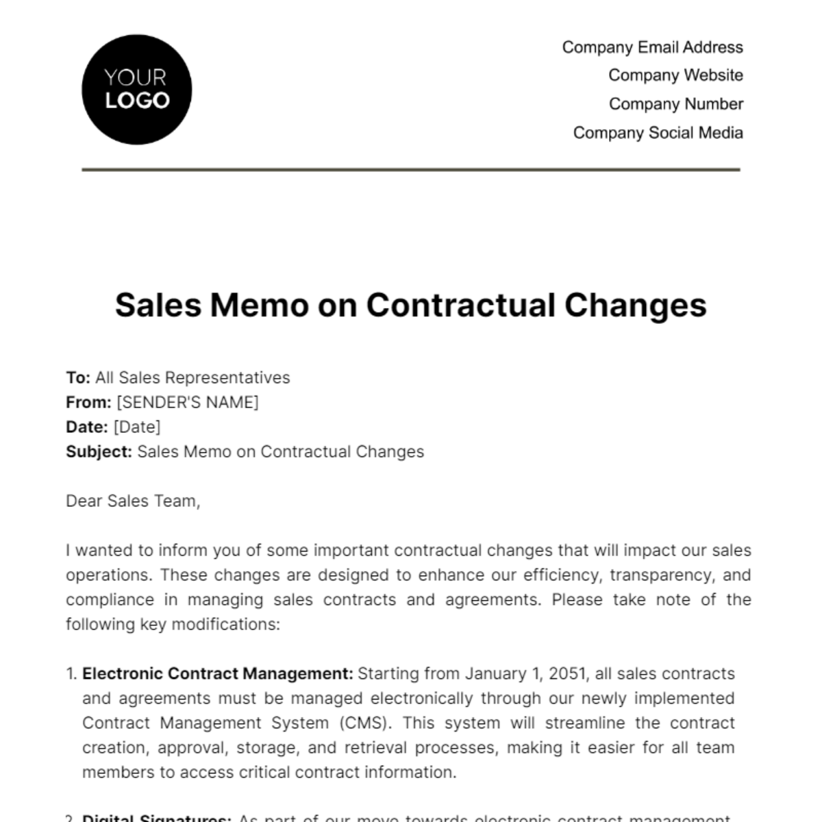 Sales Memo on Contractual Changes Template