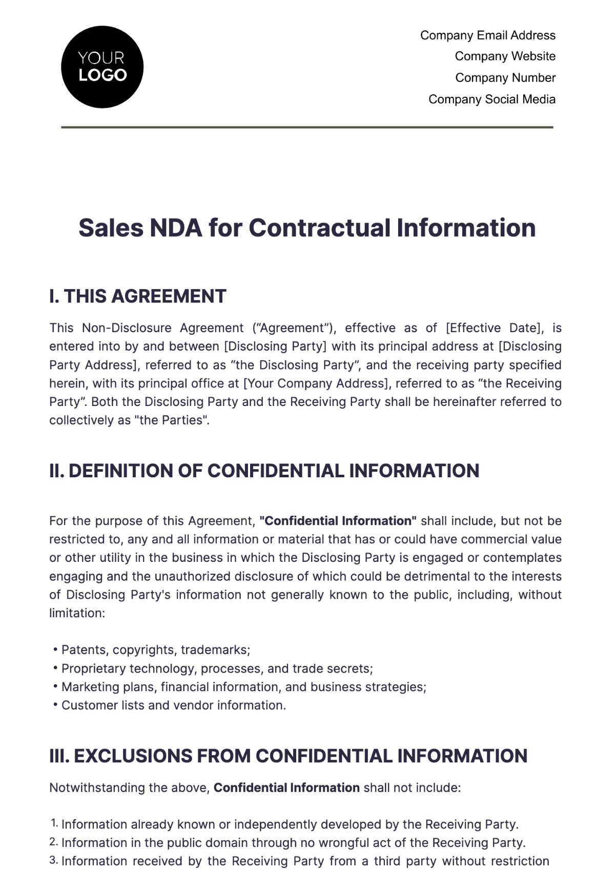 Sales NDA for Contractual Information Template - Edit Online & Download