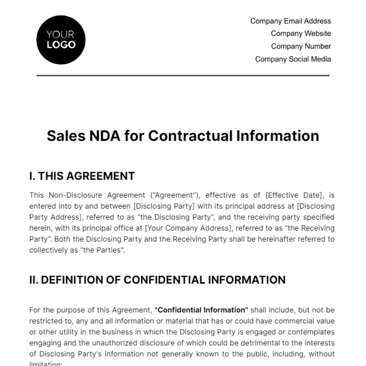 Free Sales NDA for Contractual Information Template