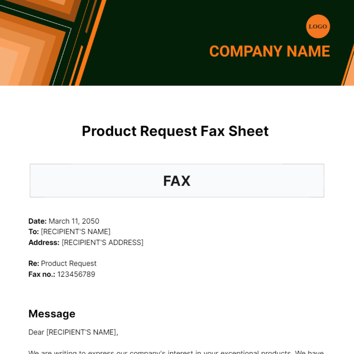 Product Request Fax Sheet Template