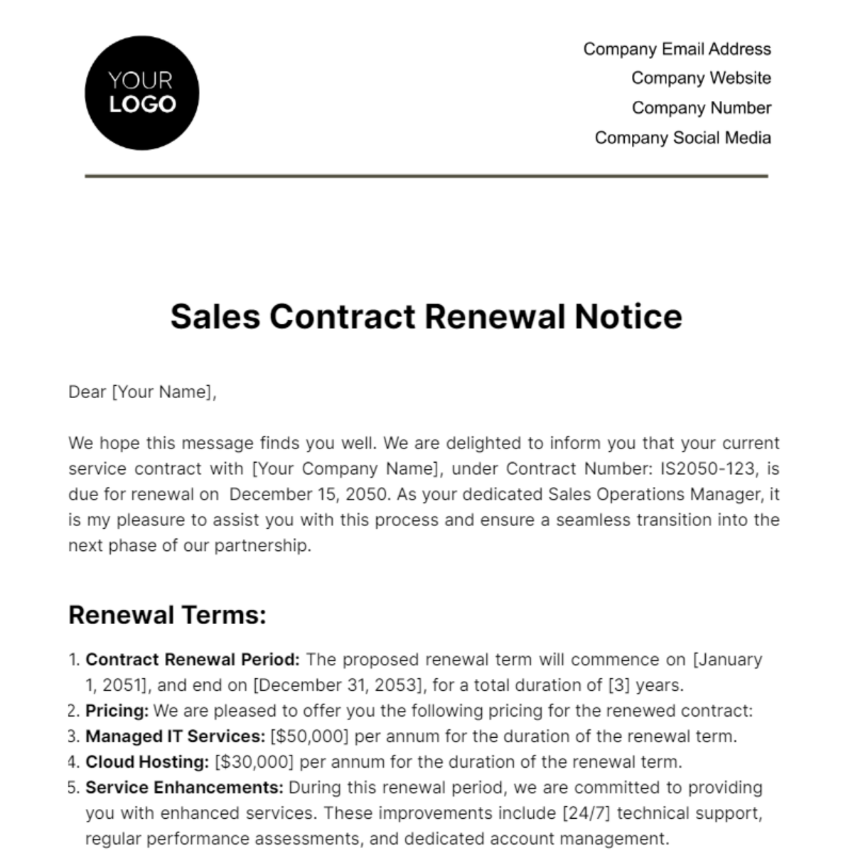 Free Sales Contract Renewal Notice Template