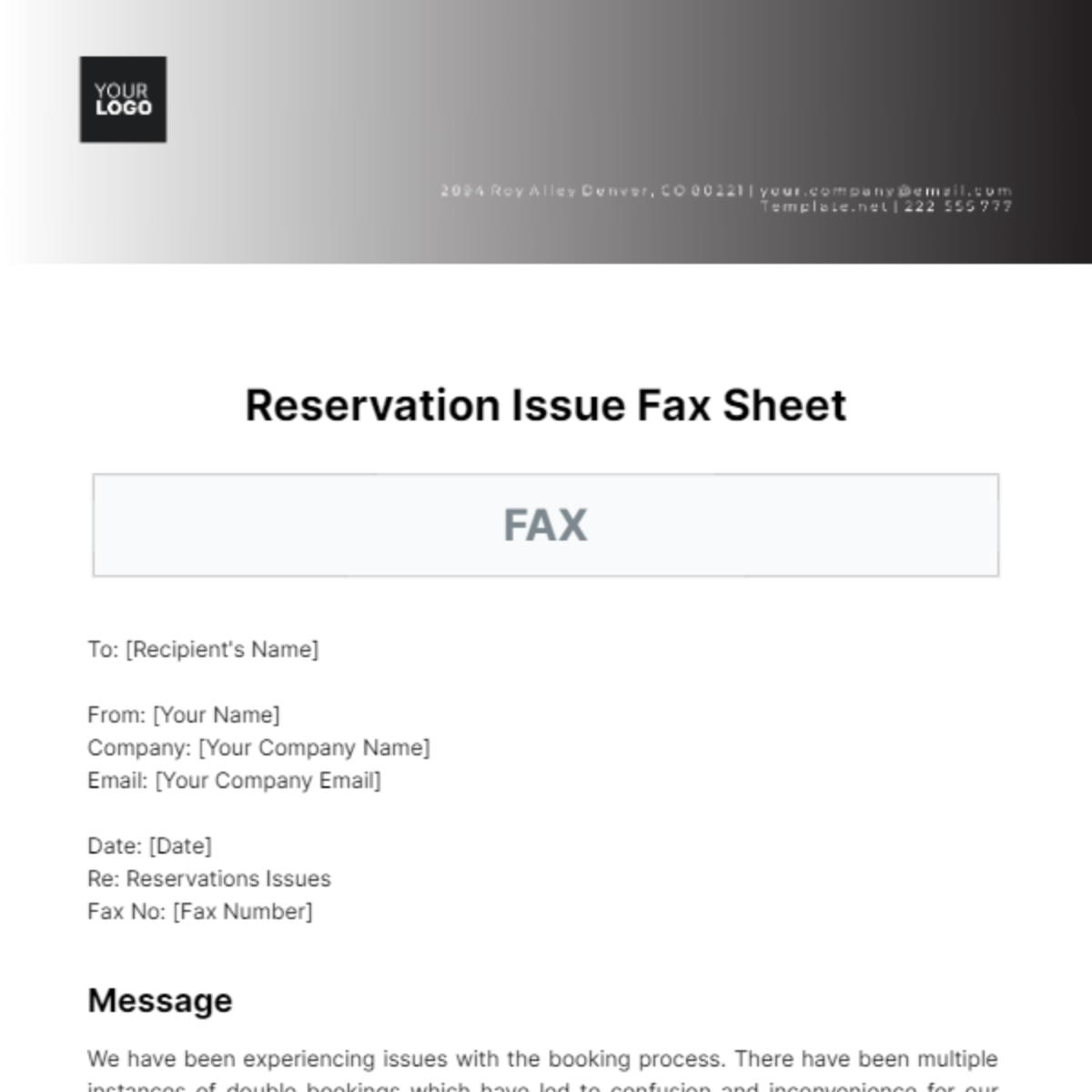 Free Reservation Issue Fax Sheet Template