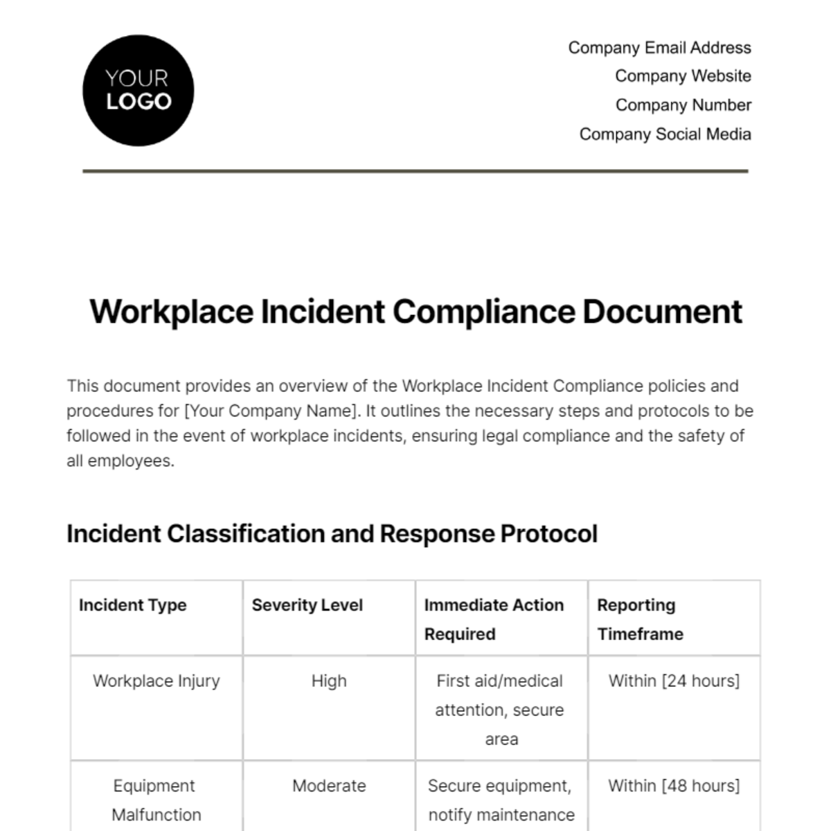 Workplace Incident Compliance Document Template