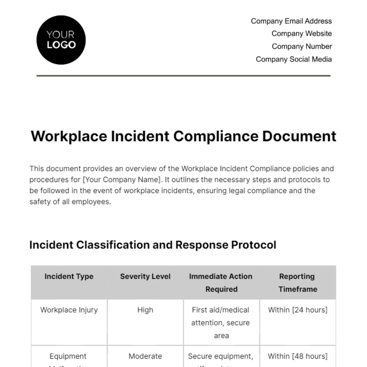 Free Workplace Incident Compliance Document Template