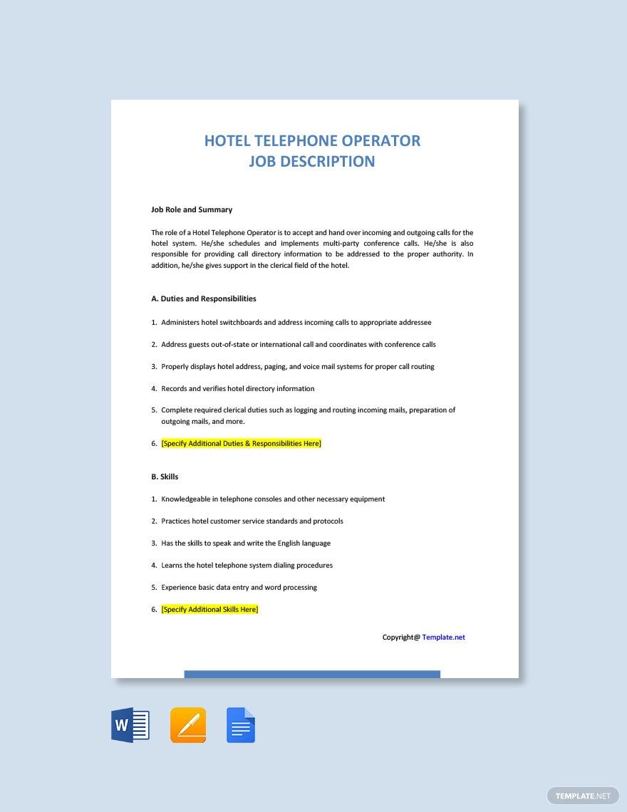 Hotel Telephone Operator Job Ad Description Template Google Docs 