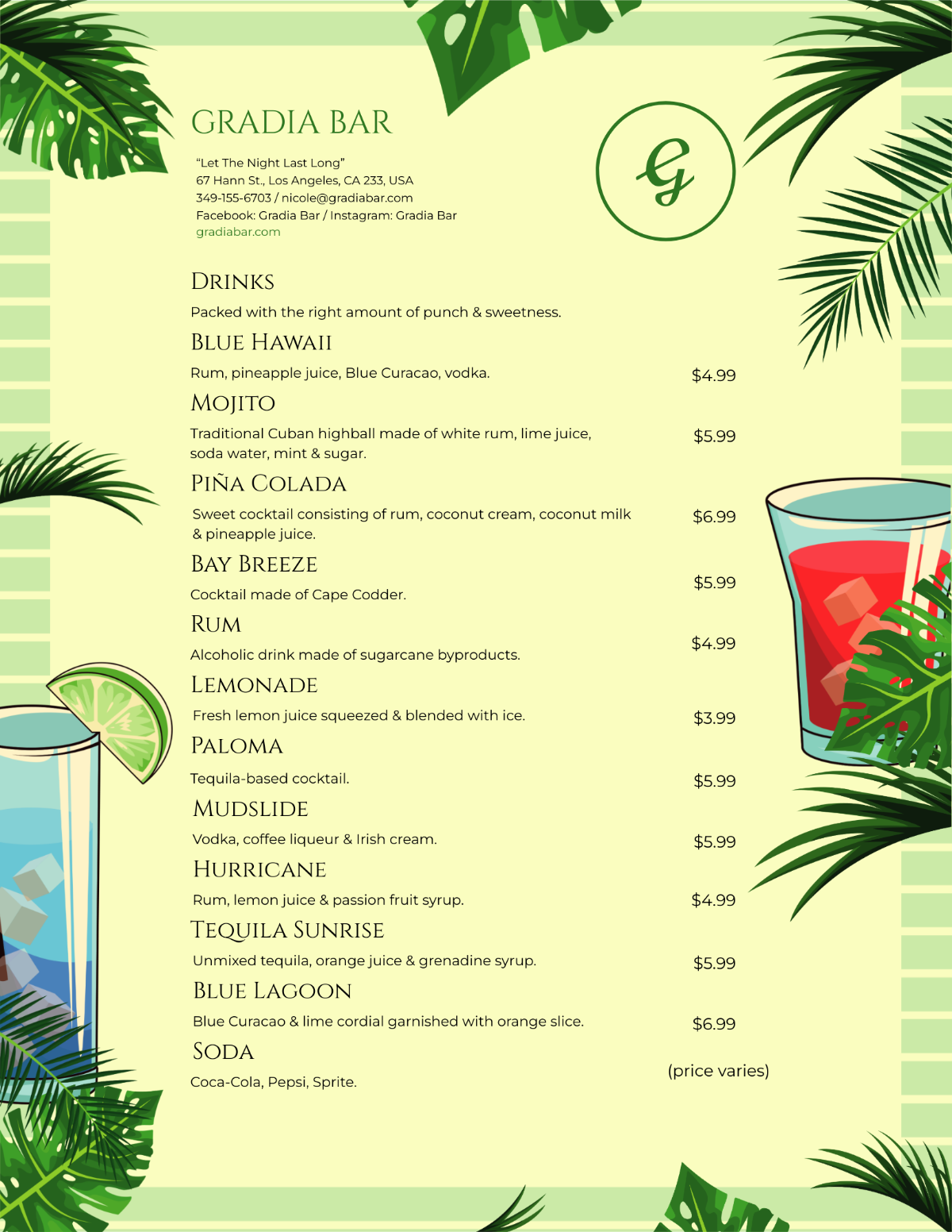 Tropical Cocktail Menu Template