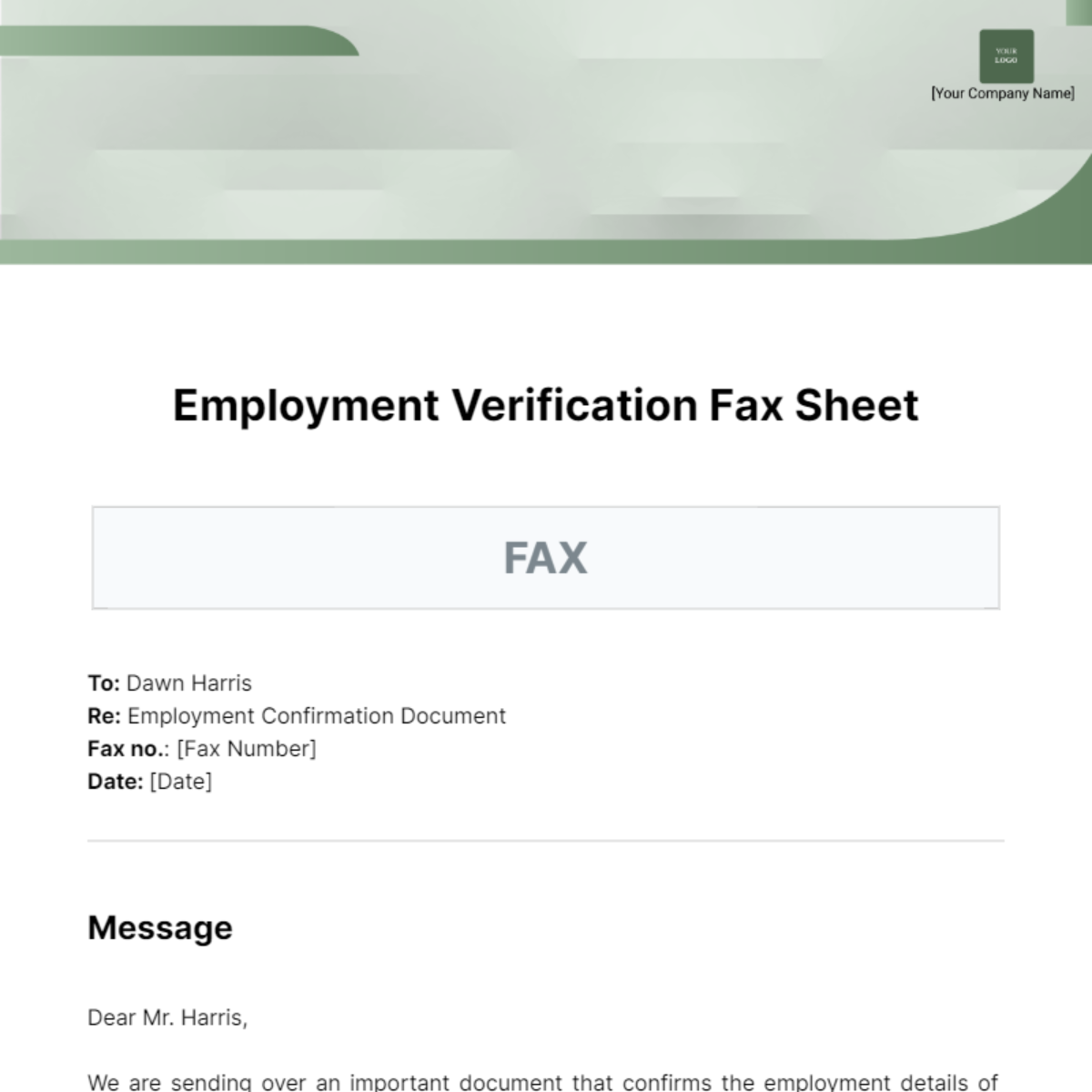 Employment Verification Fax Sheet Template