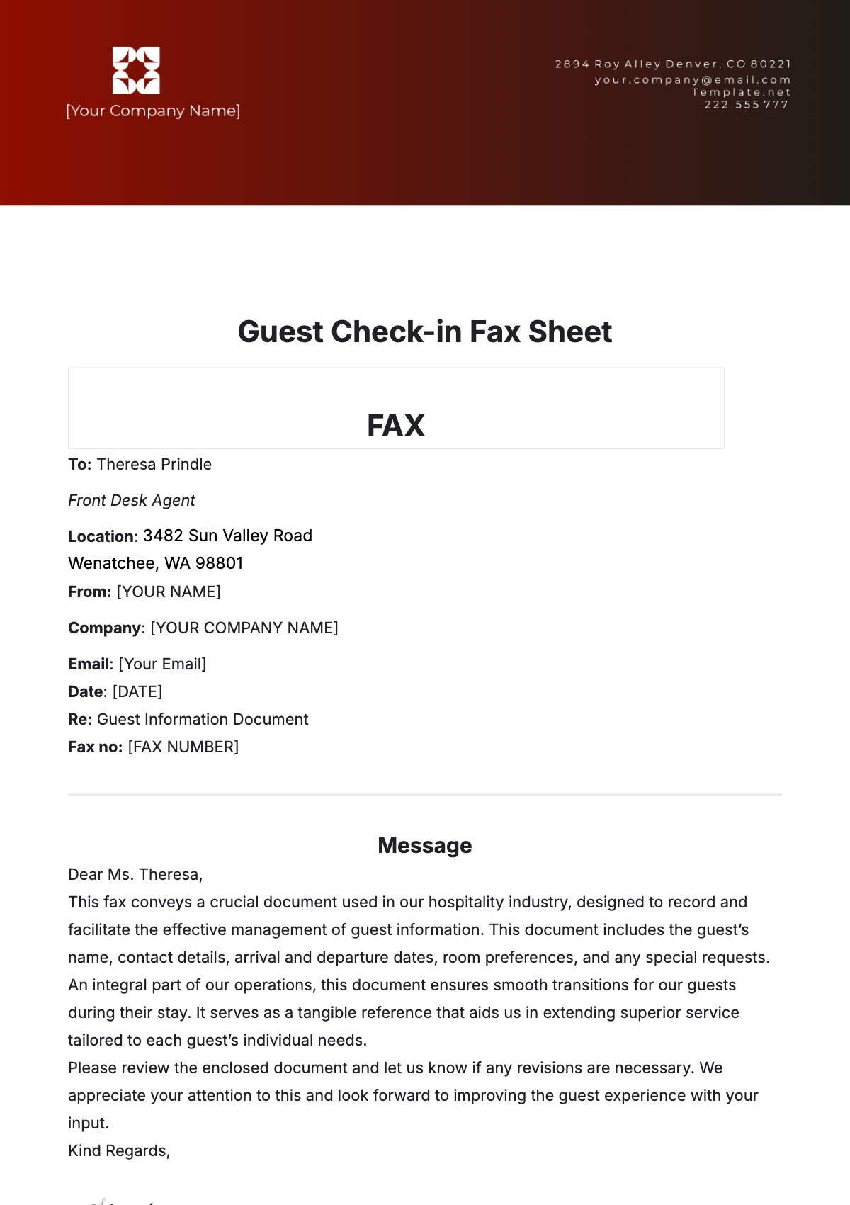 Guest Check-In  Fax Sheet Template - Edit Online & Download