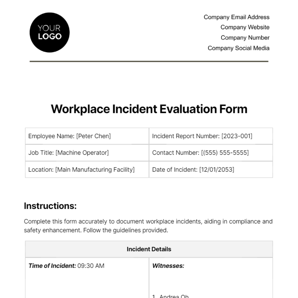 Workplace Incident Evaluation Form Template