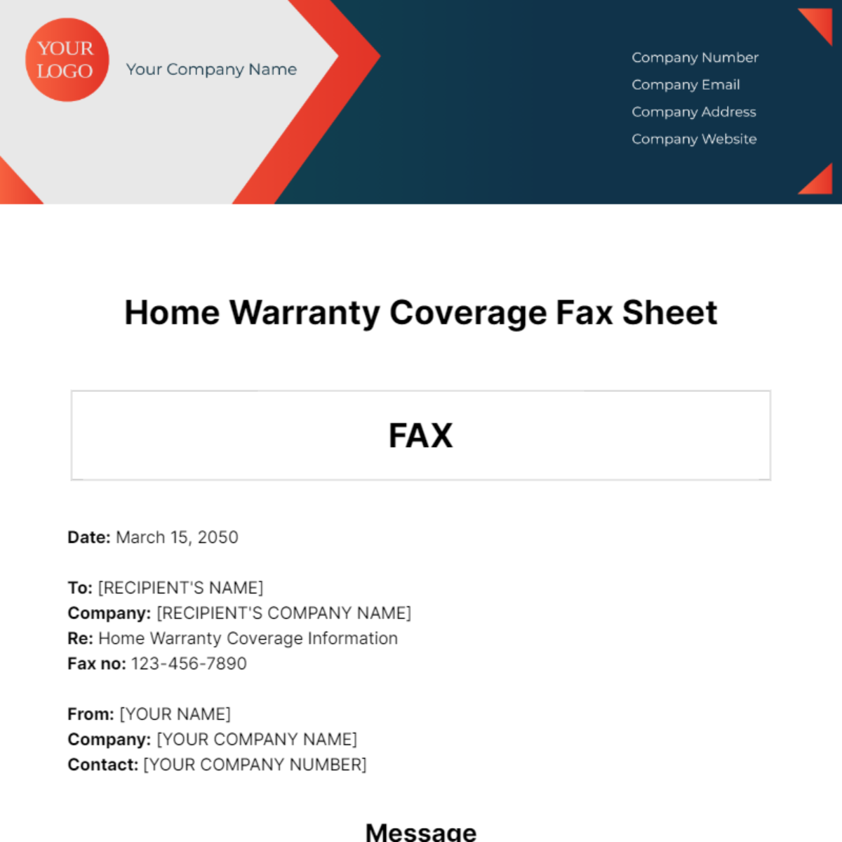 Home Warranty Coverage Fax Sheet Template