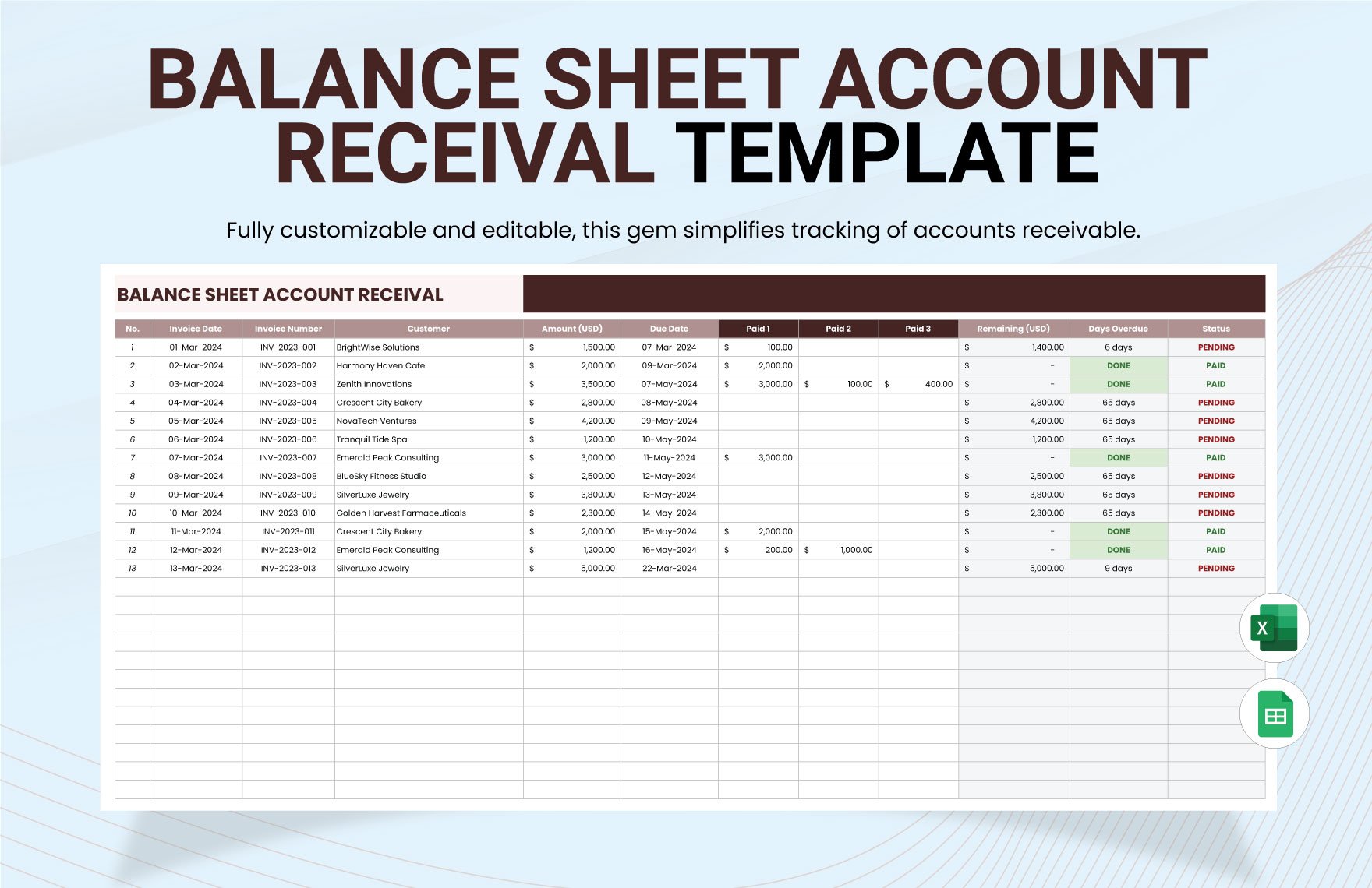 Balance Sheet Account Receival Template in Excel, Google Sheets