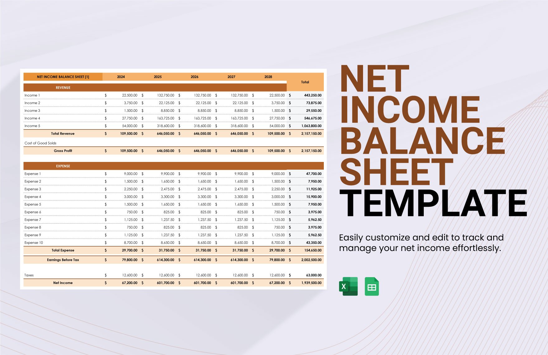 Net Income Balance Sheet Template in Excel, Google Sheets