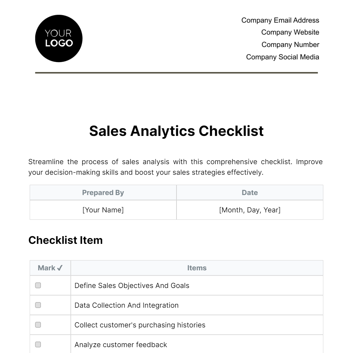 Free Sales Analytics Checklist Template