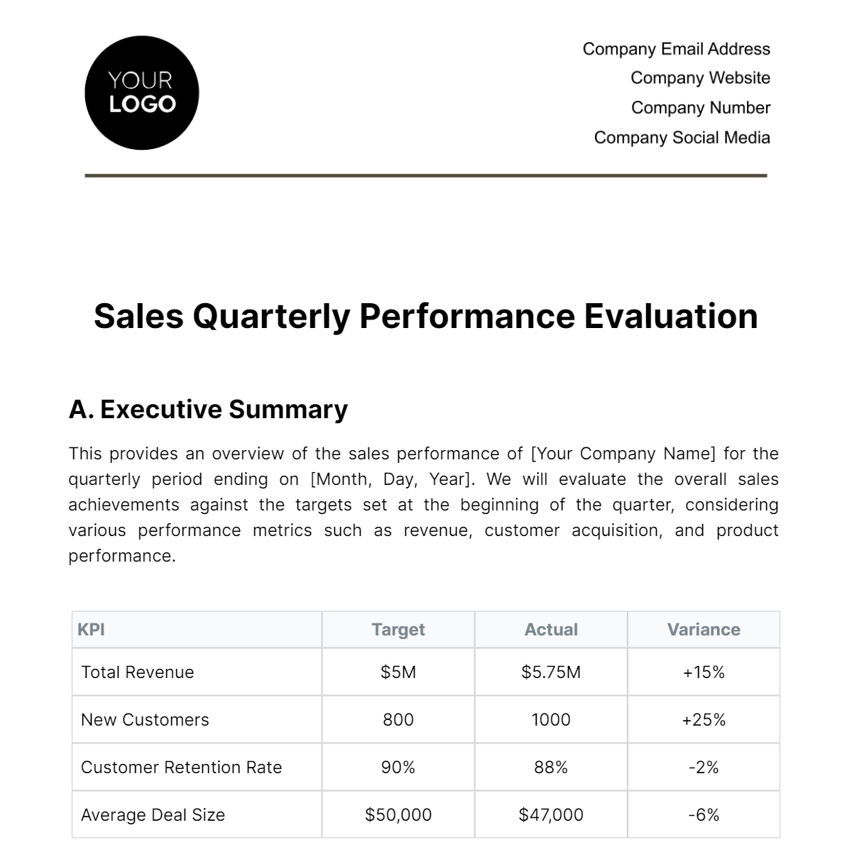 Sales Quarterly Performance Evaluation Template