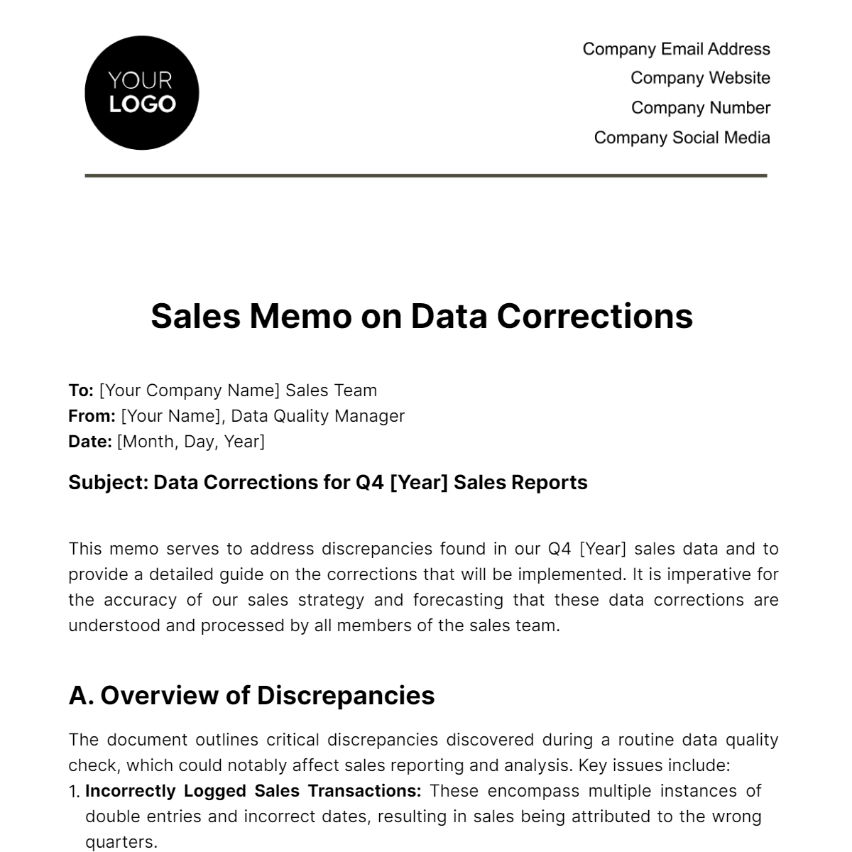 Free Sales Memo on Data Corrections Template