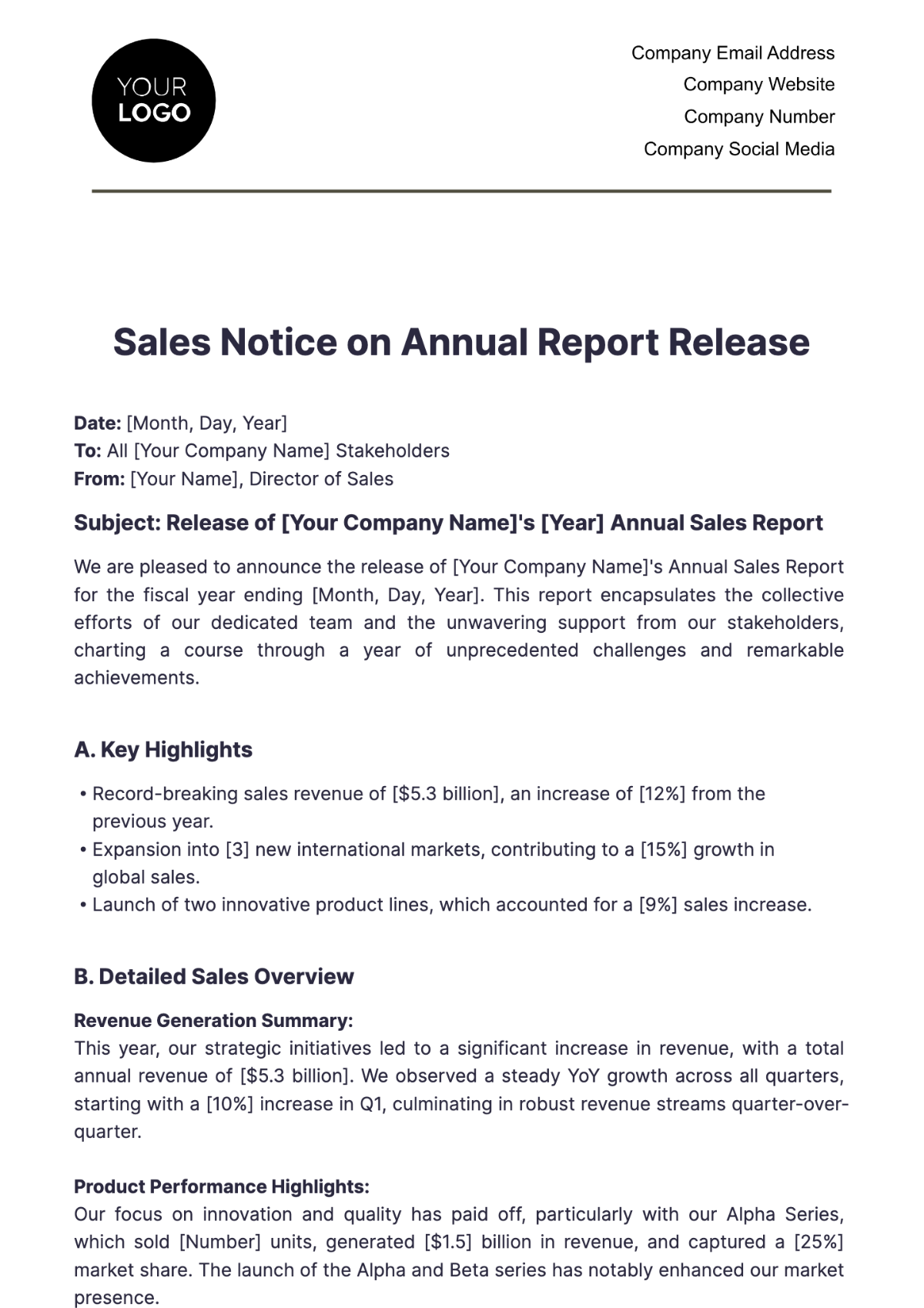 Sales Notice on Annual Report Release Template - Edit Online & Download