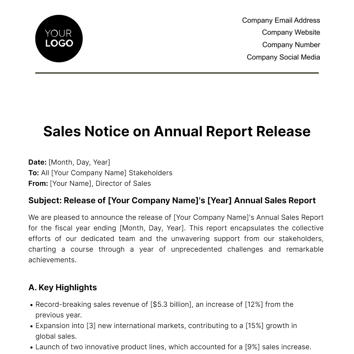Sales Notice on Annual Report Release Template