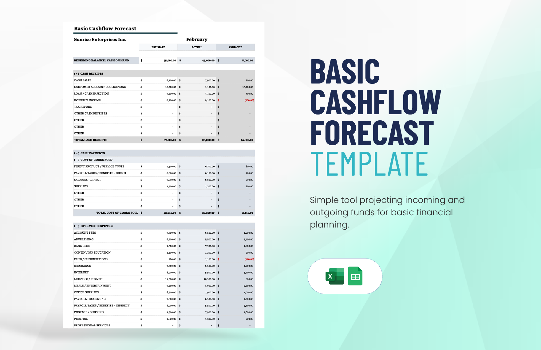 Basic Cashflow Forecast Template in Excel, Google Sheets