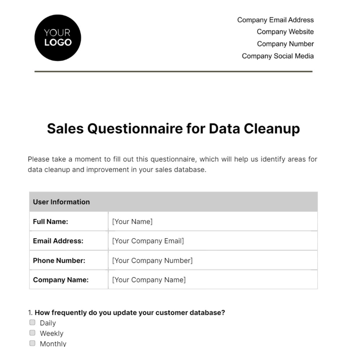Free Sales Questionnaire for Data Cleanup Template