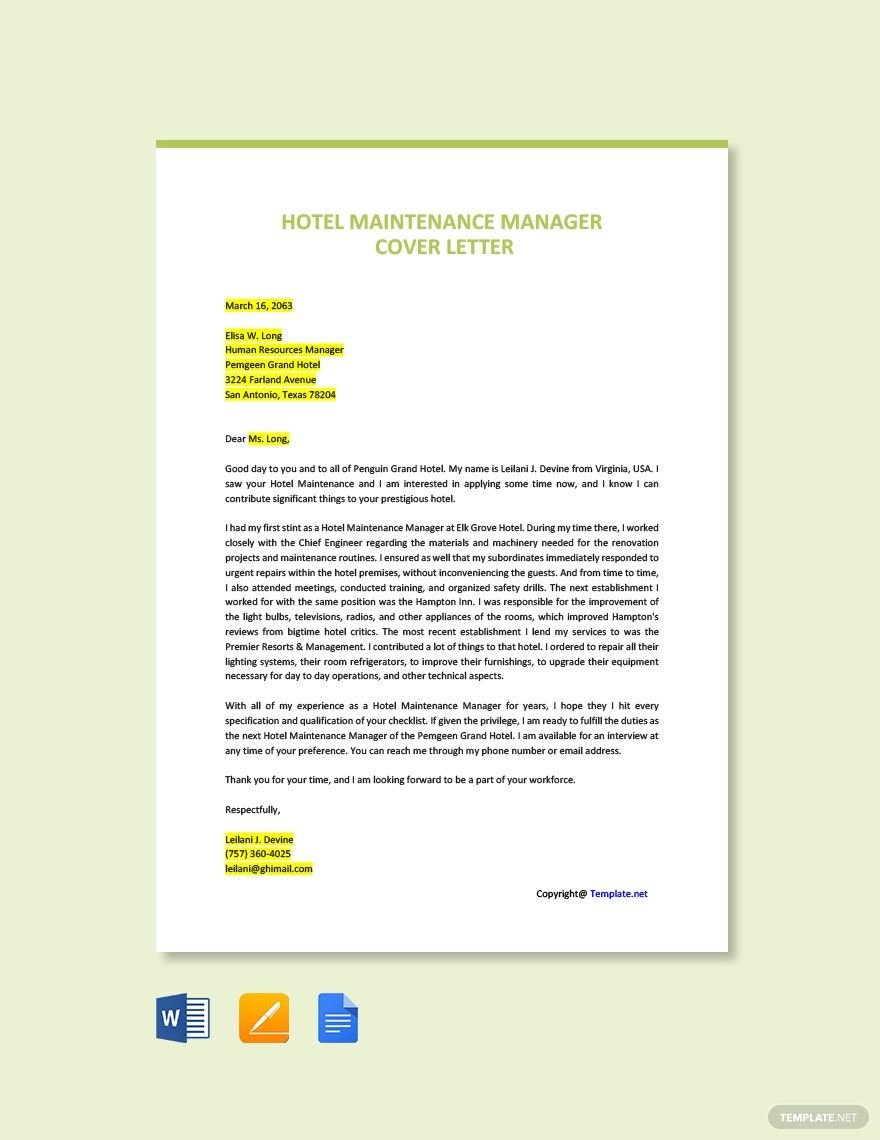 Hotel Maintenance Manager Cover Letter Template