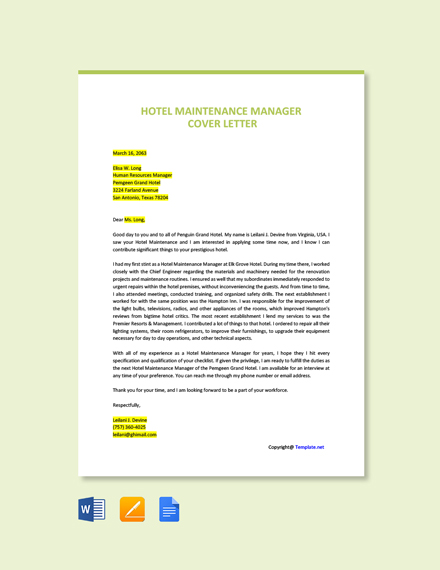 Free Hotel Maintenance Manager Cover Letter