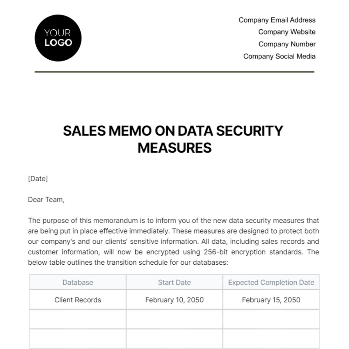 Sales Memo on Data Security Measures Template