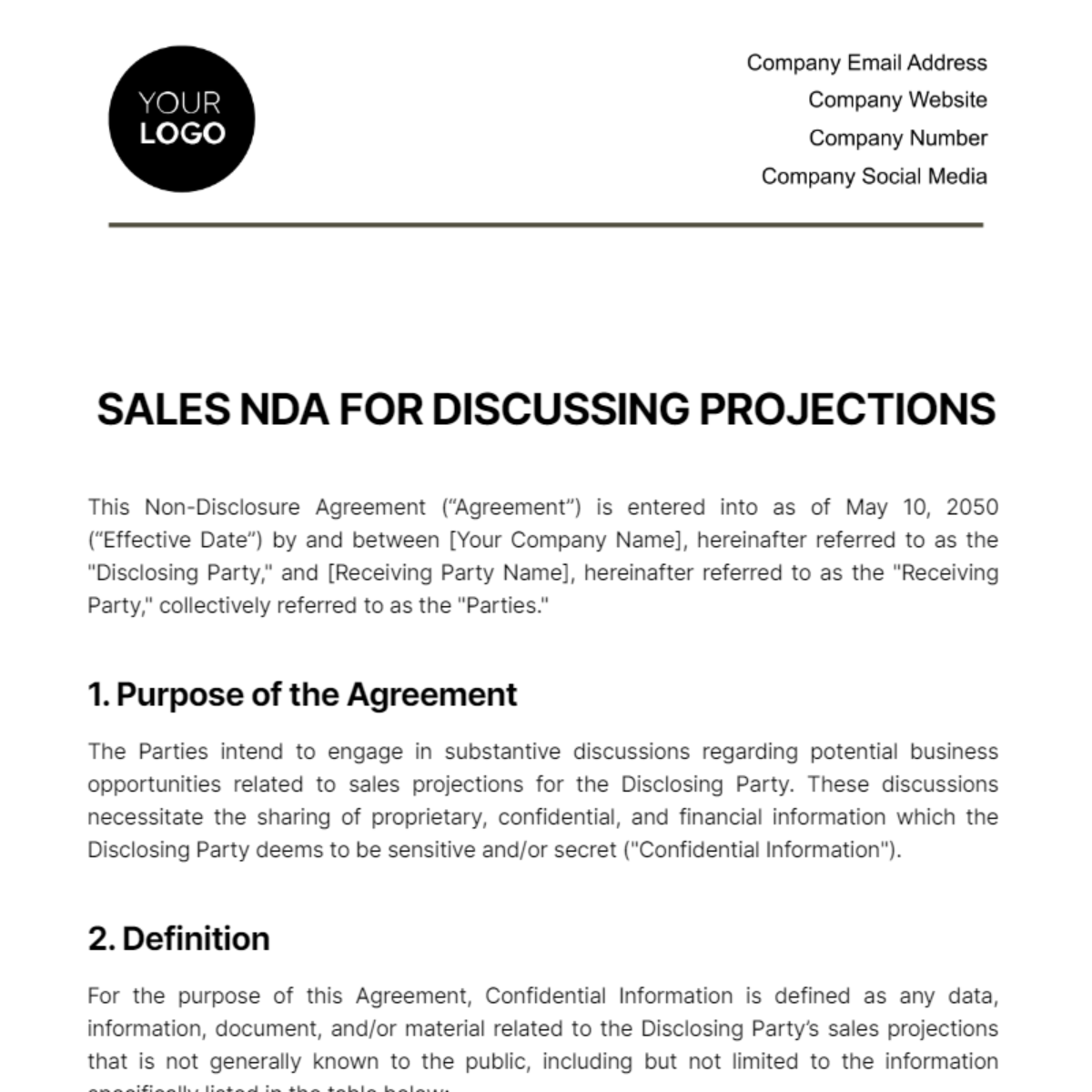 Sales NDA for Discussing Projections Template