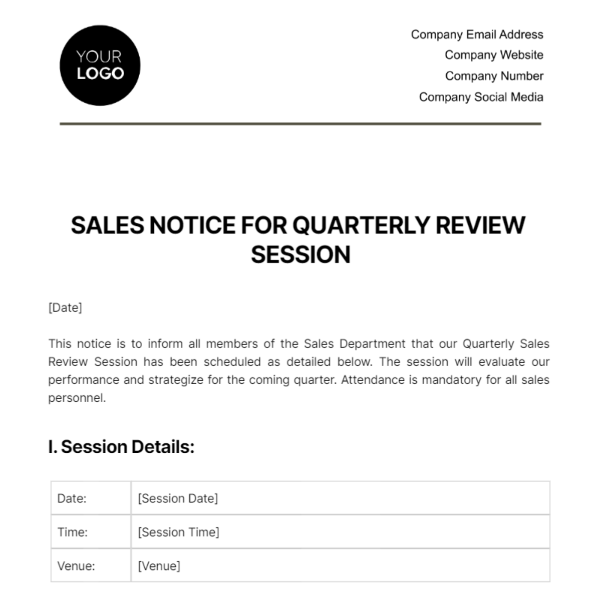 Free Sales Notice for Quarterly Review Session Template