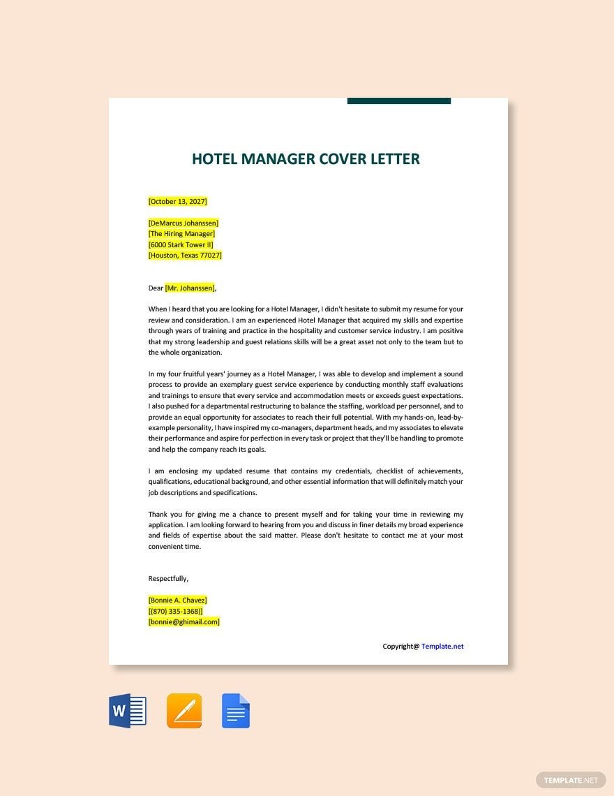 Hotel Manager Cover Letter