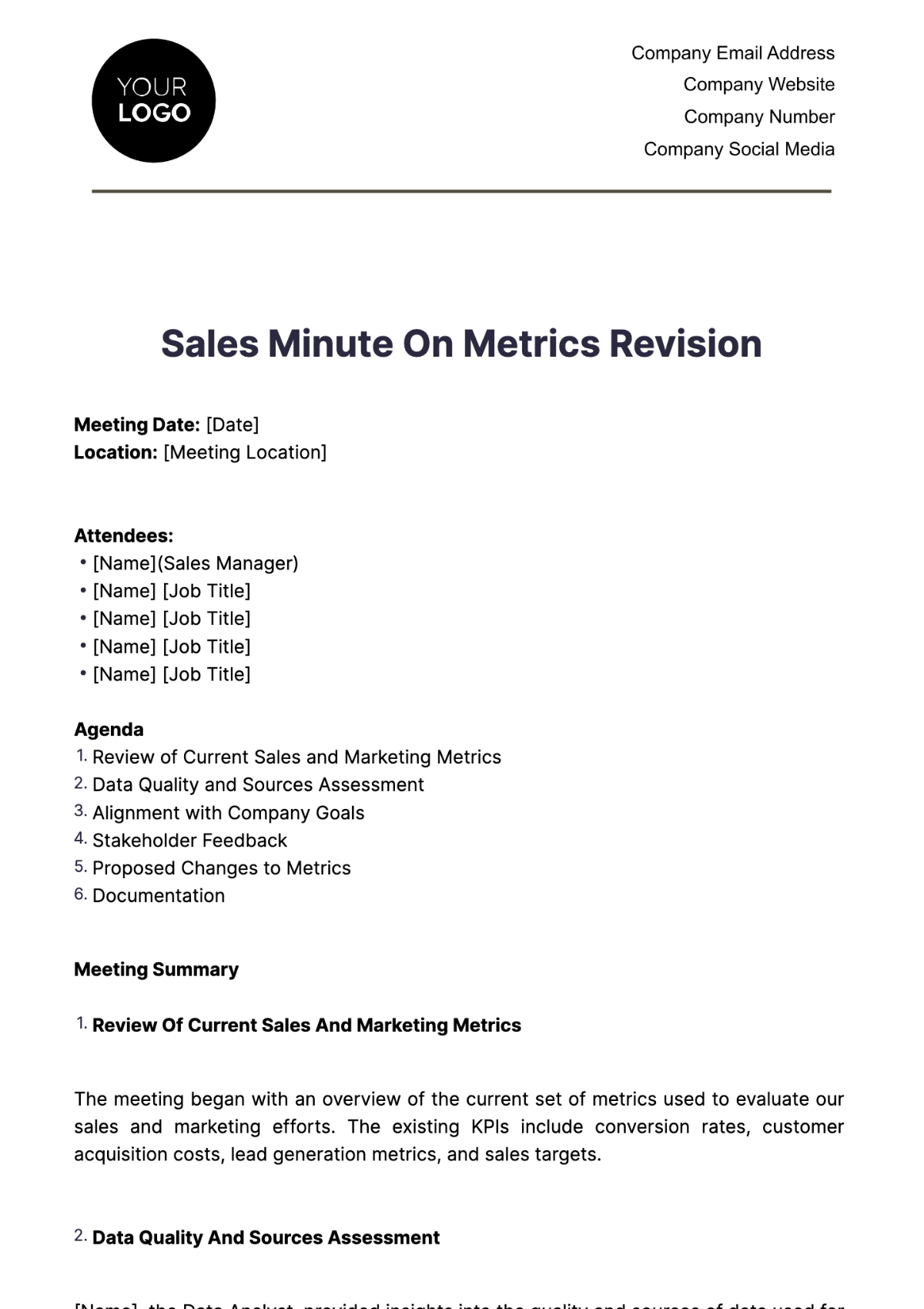 Sales Minute on Metrics Revision Template - Edit Online & Download